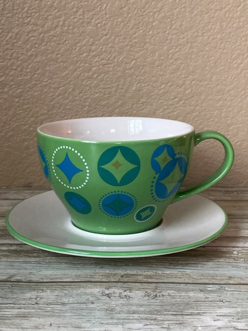 Starbucks Holiday 2006 Christmas Teacup Saucer Set 12 oz Green Ornament Stocking - Picture 3 of 13